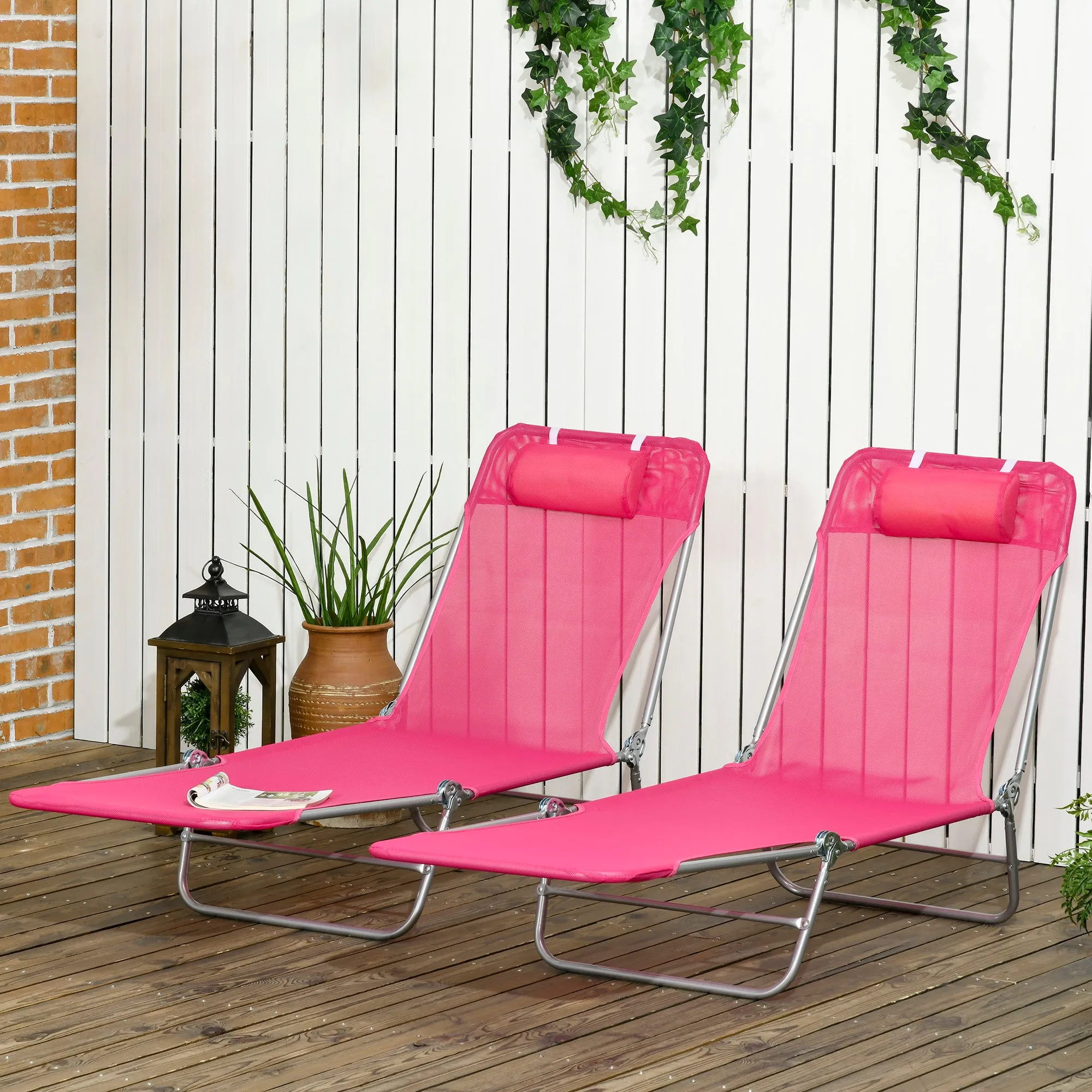 2 Piece Folding Chaise Lounge Chairs, with Reclining Back, Breathable Mesh Seat, Headrest, Pink