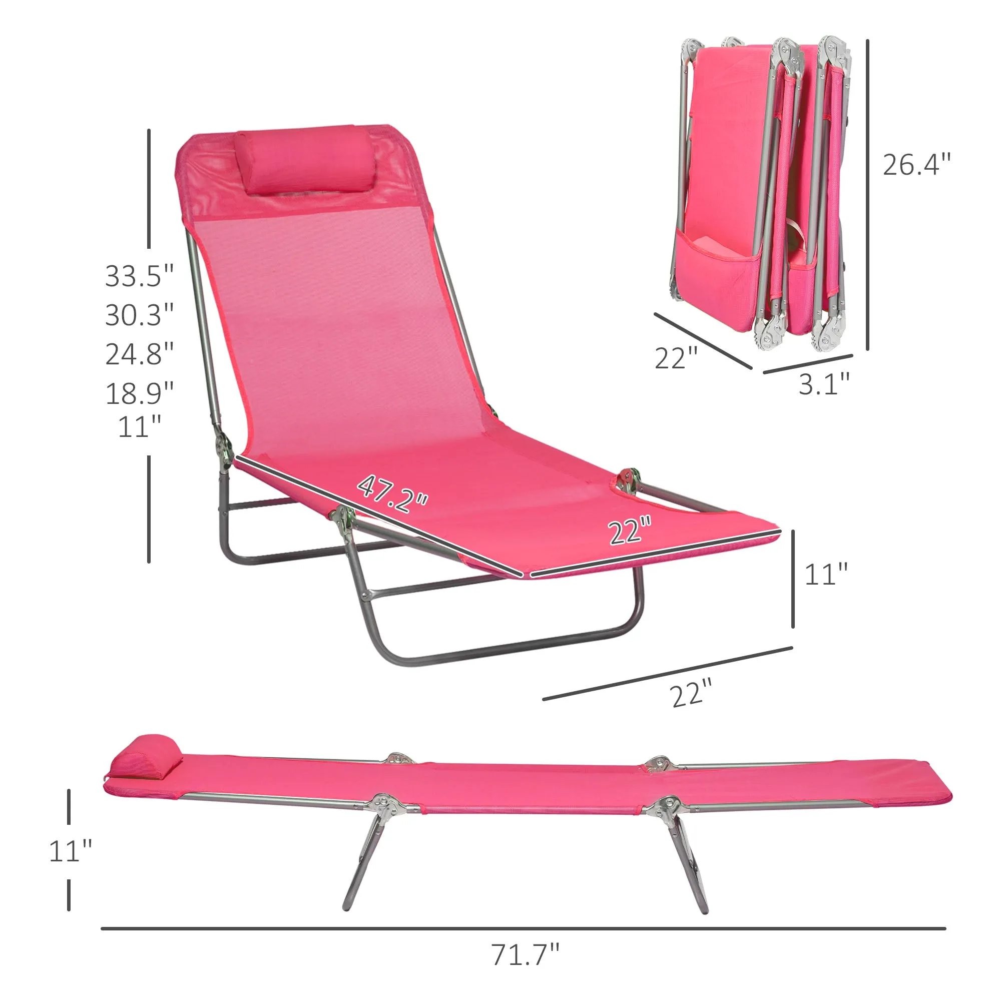 2 Piece Folding Chaise Lounge Chairs, with Reclining Back, Breathable Mesh Seat, Headrest, Pink