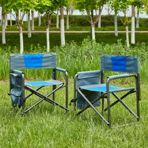 2-Piece Padded Folding Outdoor Chair with Side Table and Storage Pouch, Camping Lawn Picnic Beach & Fishing, Lightweight Folding Directors Chairs Outdoor (Blue Grey)