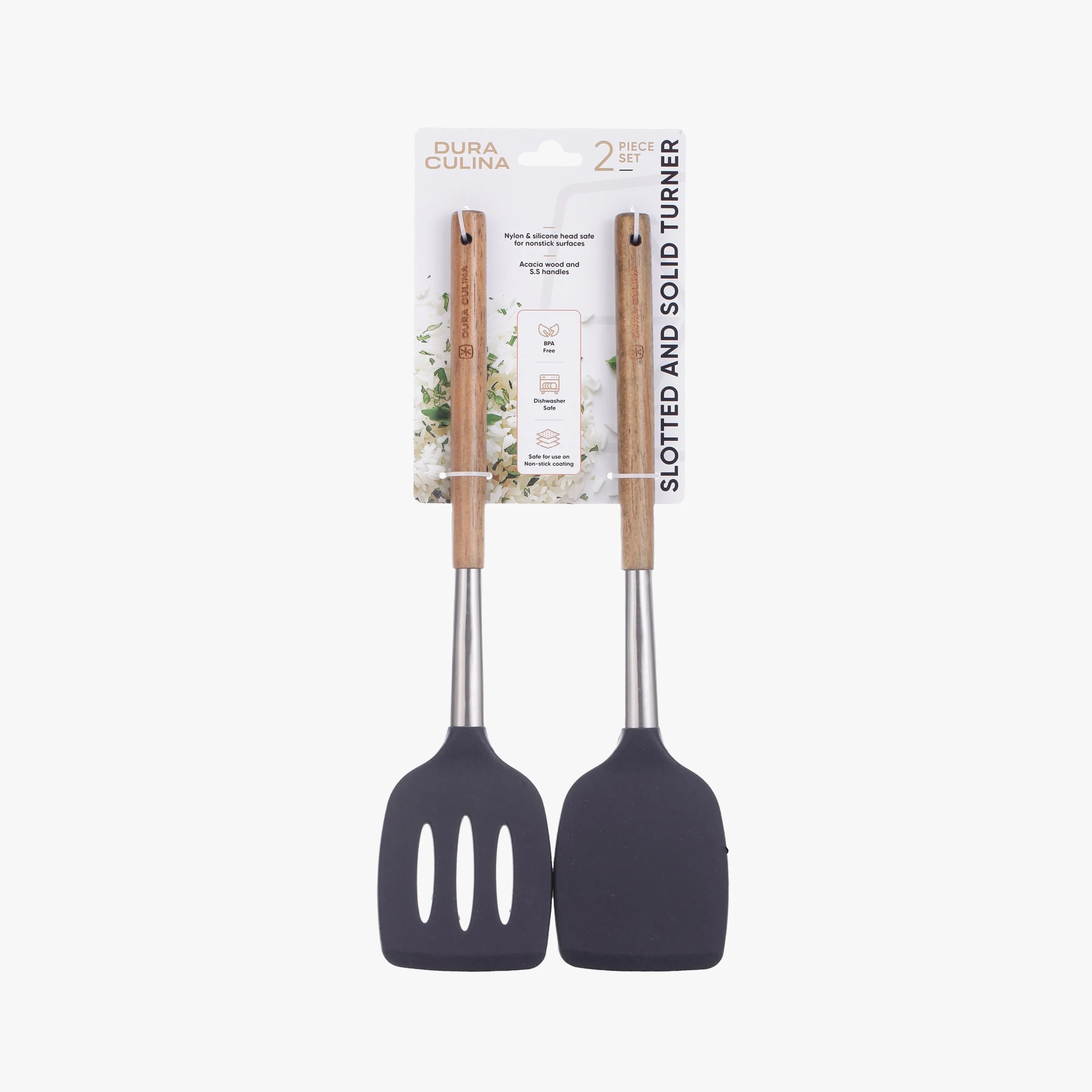 2-Piece Solid & Slotted Turner Set - Acacia Wood & Stainless Steel Handles, Silicone Heads, Non-Stick Safe, Black by Dura Living