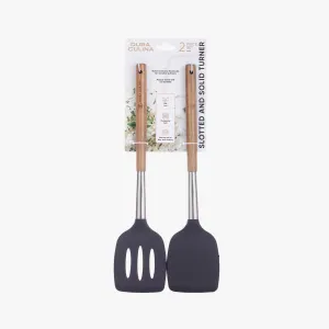 2-Piece Solid & Slotted Turner Set - Acacia Wood & Stainless Steel Handles, Silicone Heads, Non-Stick Safe, Black by Dura Living