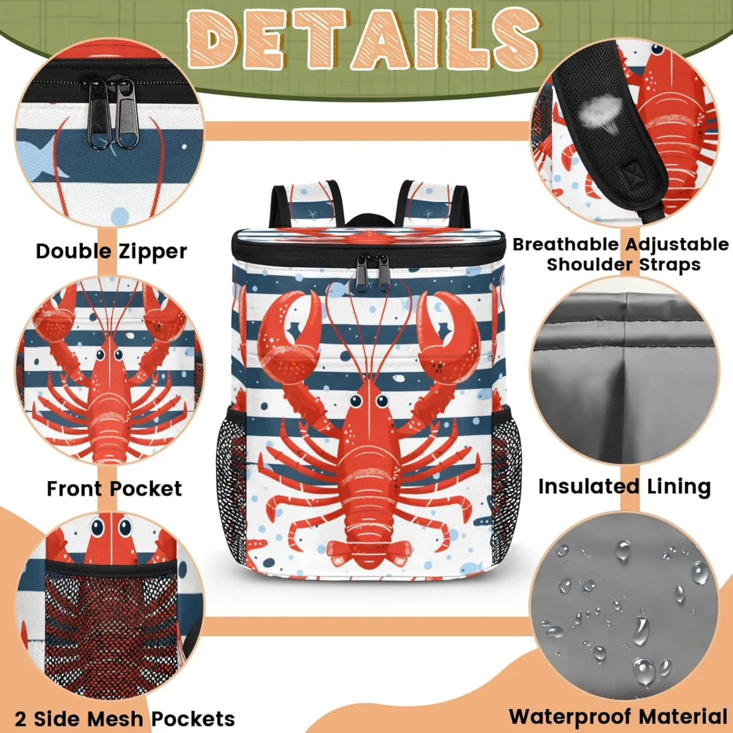 20-Hour Insulated Backpack Cooler Beach Starfish Leakproof Cooler Bag Portable Cooler Backpack