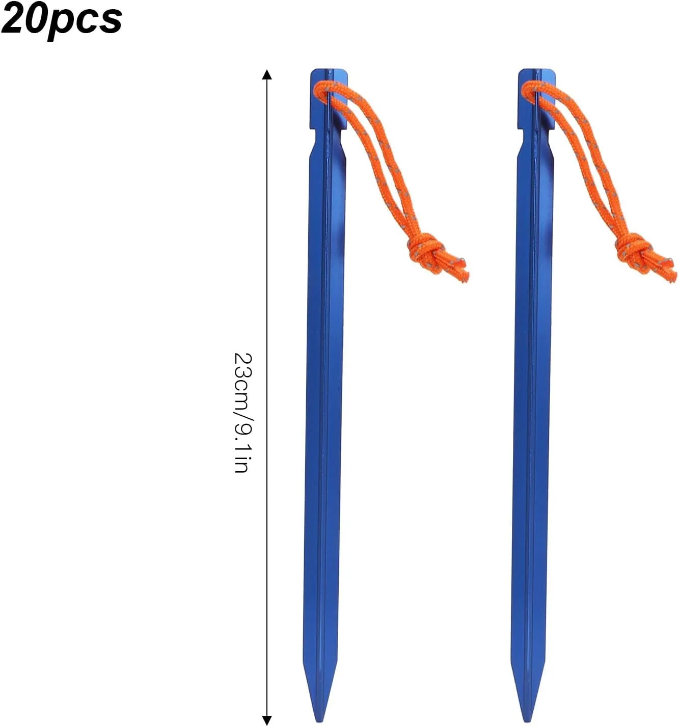 20pcs Heavy Duty Tent Stakes V Shape with Ropes, 9.1in Aluminium Alloy Pegs for Outdoor Camping Canopy, and Lightweight (Blue)