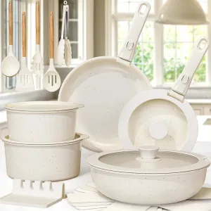 21-Piece Non-Stick Pots and Pans Set – Astercook Ceramic Cookware with Sensor Handles, Milky White
