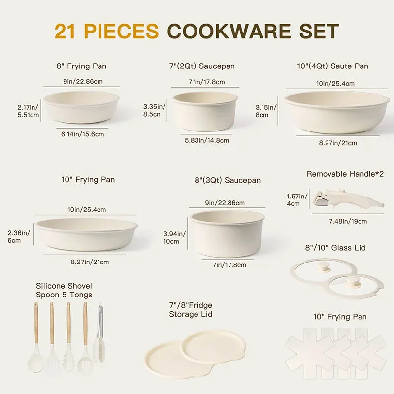 21-Piece Non-Stick Pots and Pans Set – Astercook Ceramic Cookware with Sensor Handles, Milky White