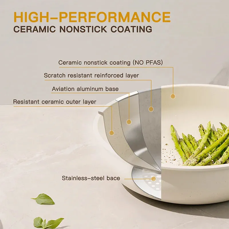 21-Piece Non-Stick Pots and Pans Set – Astercook Ceramic Cookware with Sensor Handles, Milky White