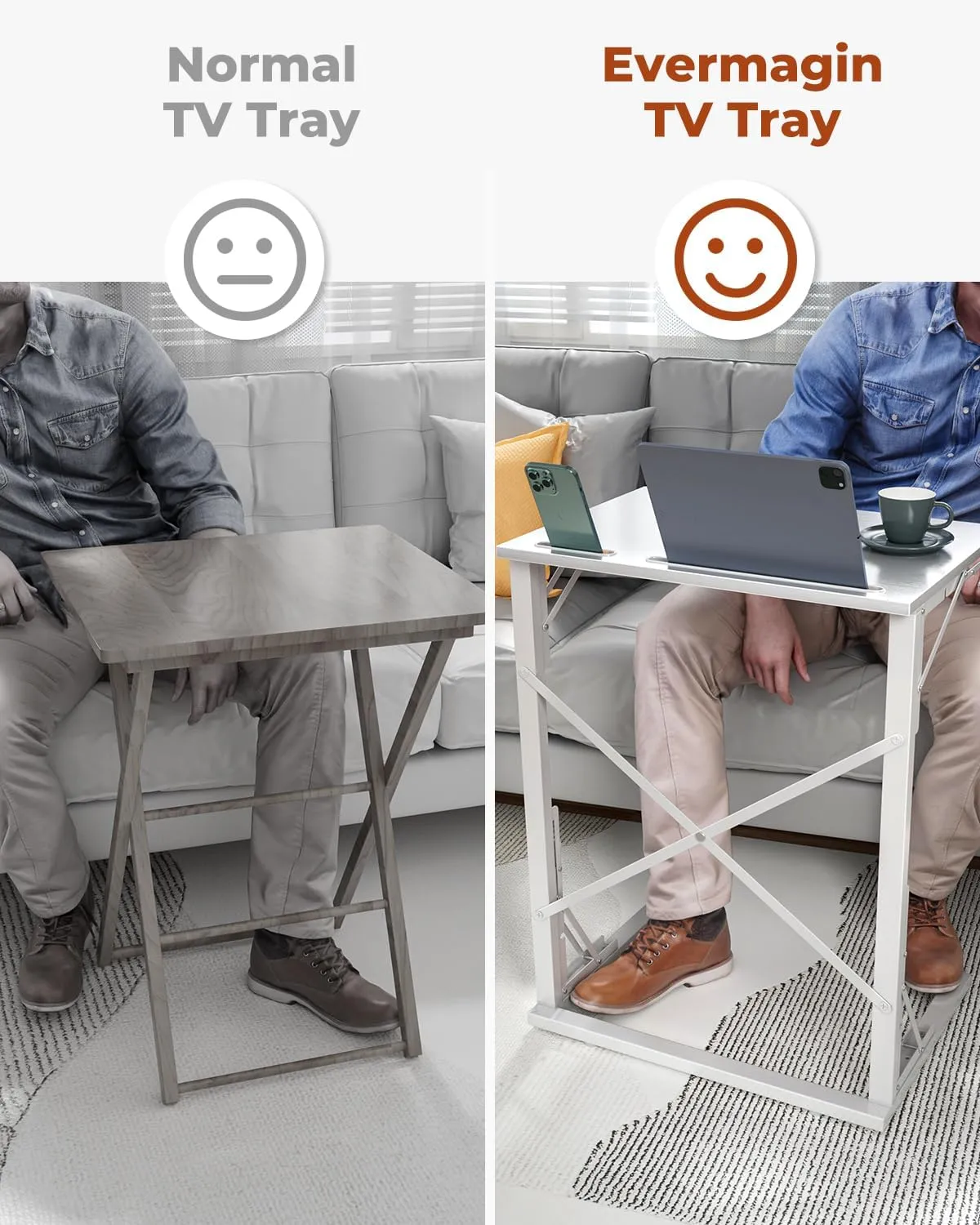 21''Wx28''H Folding TV Tray, Small Foldable C-Shaped End Table for Eating with Tablet and Phone Slots, Slide Under Couch Side Table for Recliner, Living Room, Bedroom, White