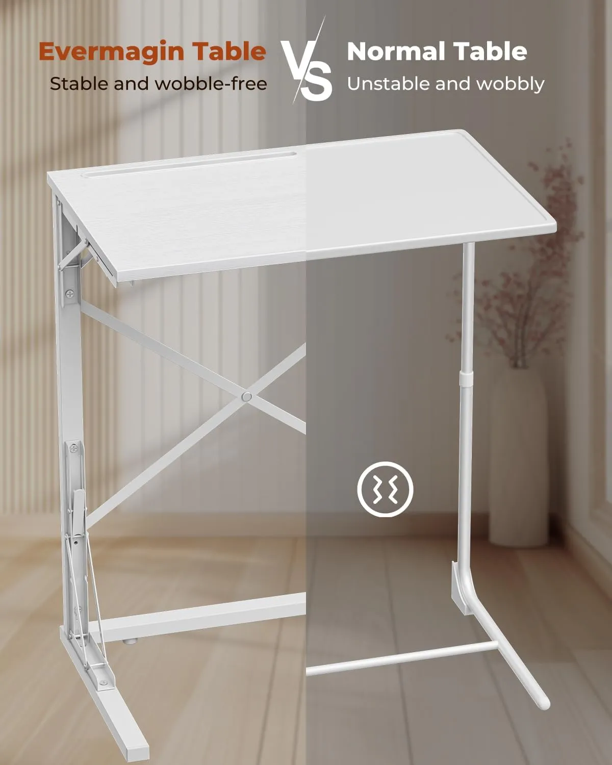 21''Wx28''H Folding TV Tray, Small Foldable C-Shaped End Table for Eating with Tablet and Phone Slots, Slide Under Couch Side Table for Recliner, Living Room, Bedroom, White