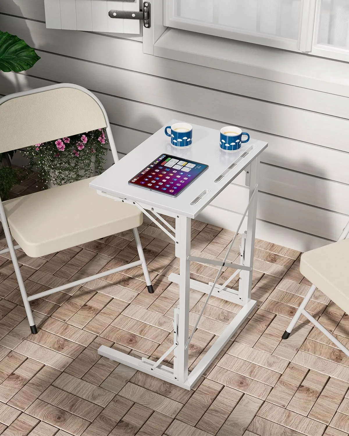 21''Wx28''H Folding TV Tray, Small Foldable C-Shaped End Table for Eating with Tablet and Phone Slots, Slide Under Couch Side Table for Recliner, Living Room, Bedroom, White
