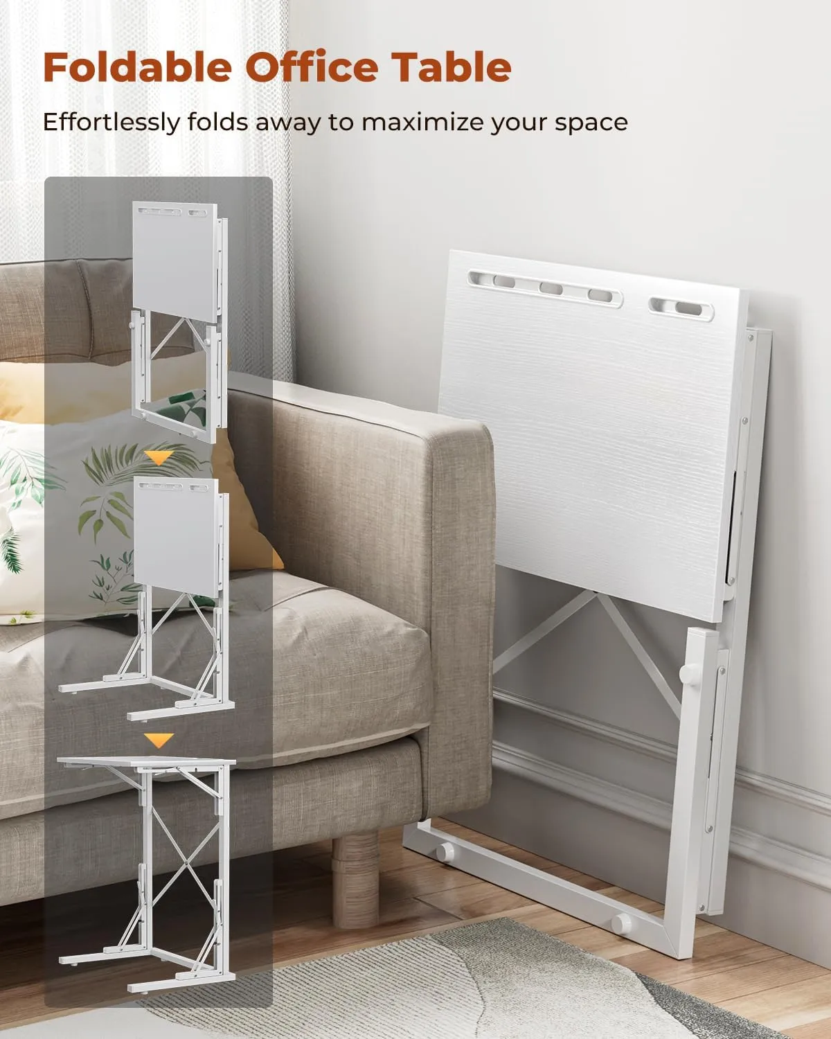 21''Wx28''H Folding TV Tray, Small Foldable C-Shaped End Table for Eating with Tablet and Phone Slots, Slide Under Couch Side Table for Recliner, Living Room, Bedroom, White