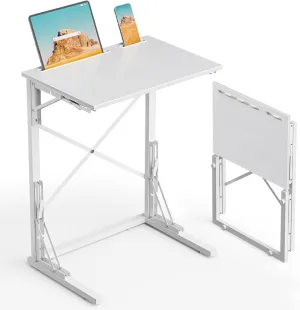 21''Wx28''H Folding TV Tray, Small Foldable C-Shaped End Table for Eating with Tablet and Phone Slots, Slide Under Couch Side Table for Recliner, Living Room, Bedroom, White