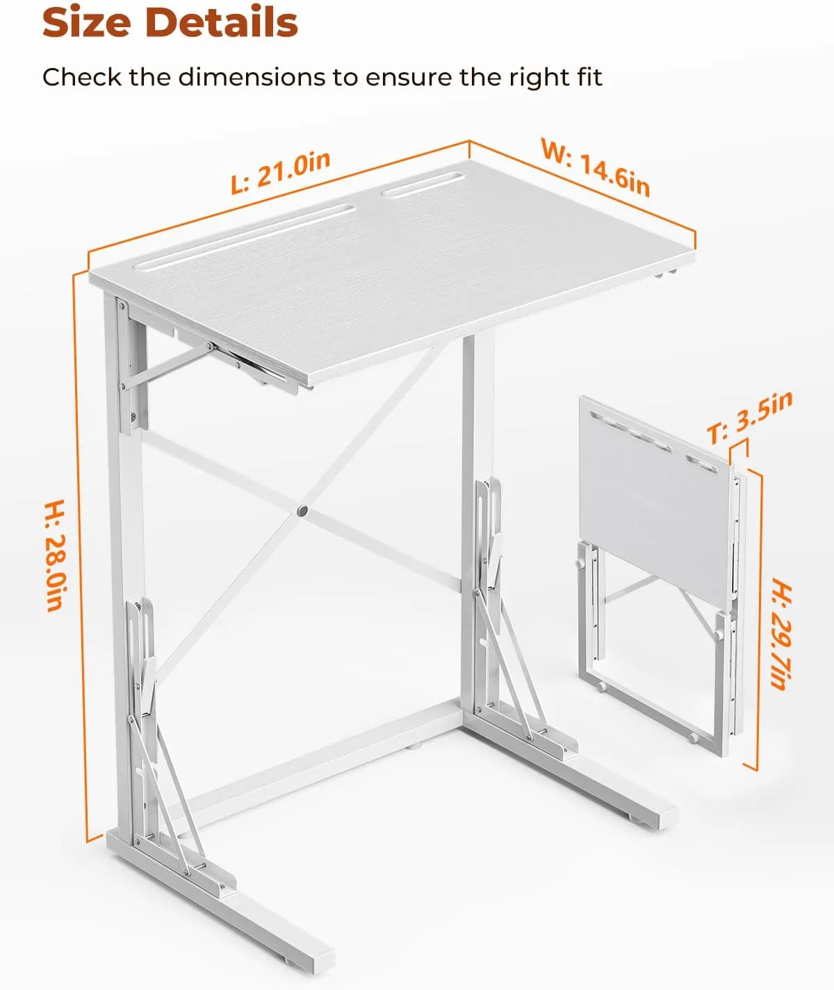 21''Wx28''H Folding TV Tray, Small Foldable C-Shaped End Table for Eating with Tablet and Phone Slots, Slide Under Couch Side Table for Recliner, Living Room, Bedroom, White