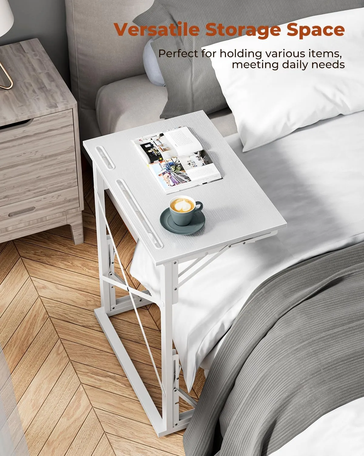 21''Wx28''H Folding TV Tray, Small Foldable C-Shaped End Table for Eating with Tablet and Phone Slots, Slide Under Couch Side Table for Recliner, Living Room, Bedroom, White