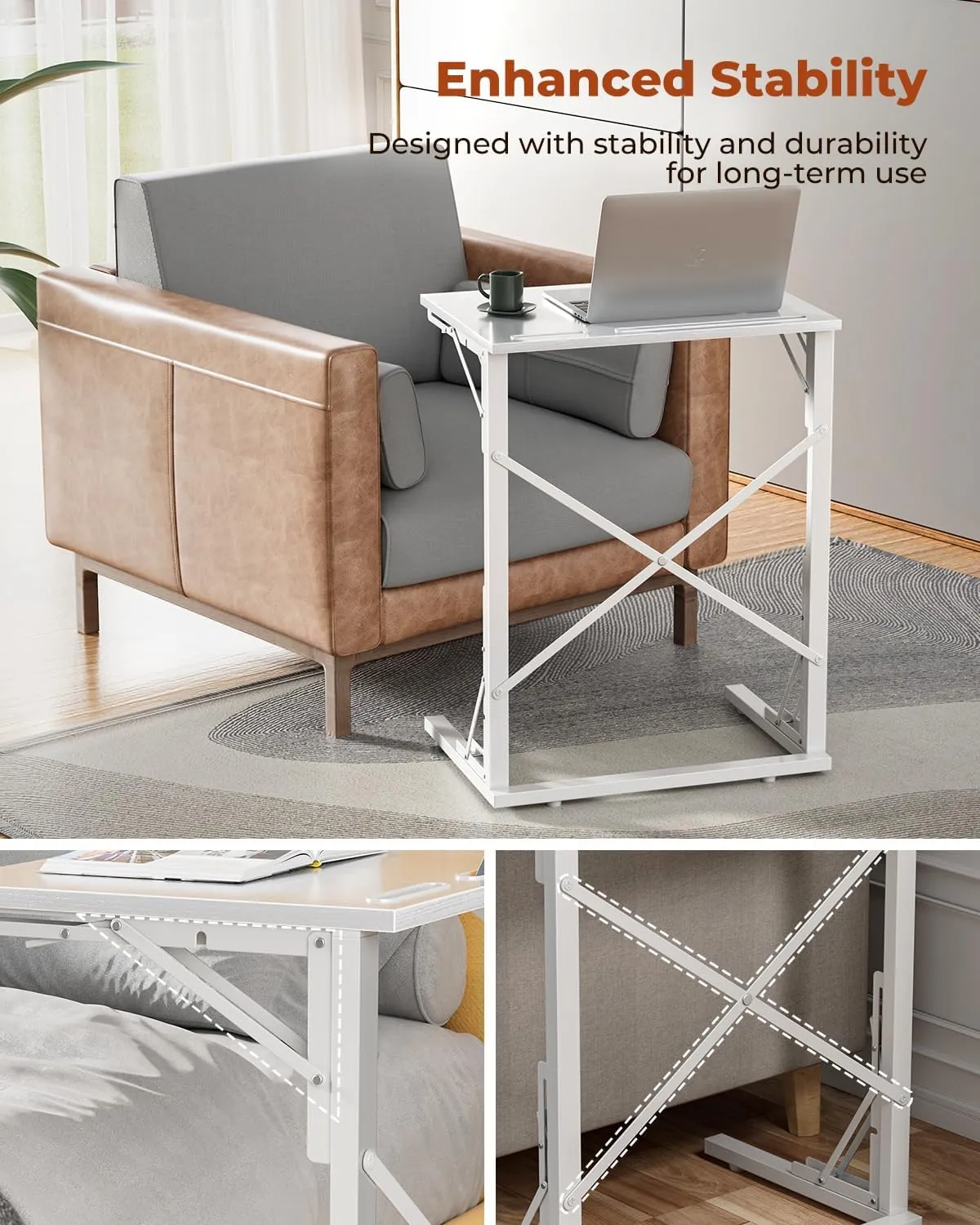 21''Wx28''H Folding TV Tray, Small Foldable C-Shaped End Table for Eating with Tablet and Phone Slots, Slide Under Couch Side Table for Recliner, Living Room, Bedroom, White