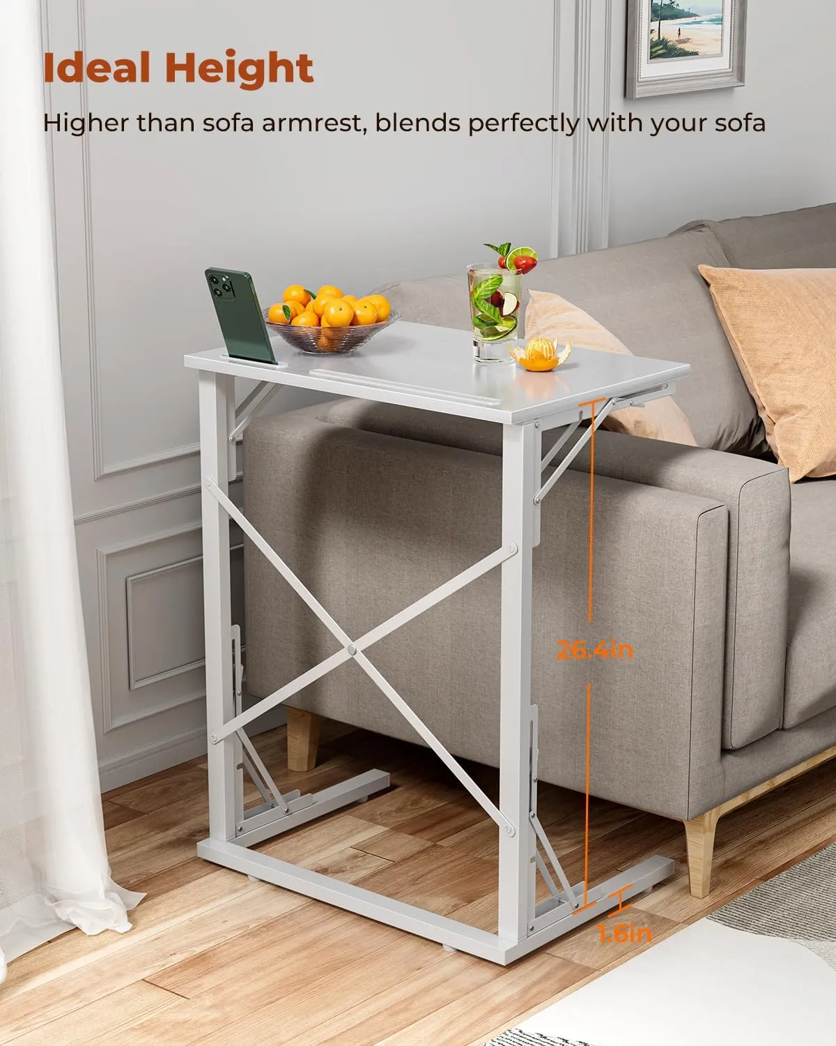 21''Wx28''H Folding TV Tray, Small Foldable C-Shaped End Table for Eating with Tablet and Phone Slots, Slide Under Couch Side Table for Recliner, Living Room, Bedroom, White
