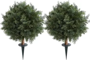 24inch Artificial Bushes for Outdoors, Fake Shrubs with Groud Spike Set of 2 (Dark Green)