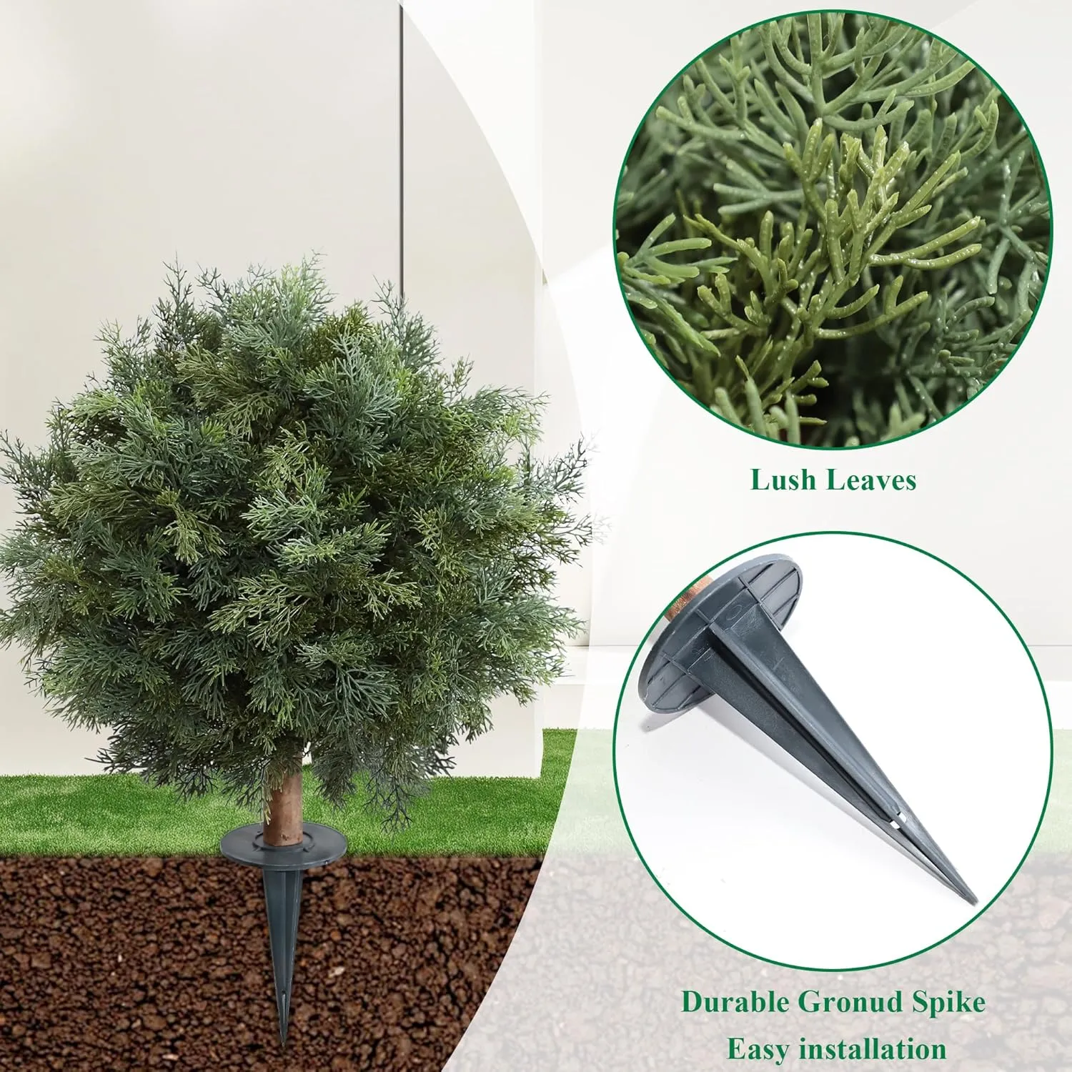 24inch Artificial Bushes for Outdoors, Fake Shrubs with Groud Spike Set of 2 (Dark Green)