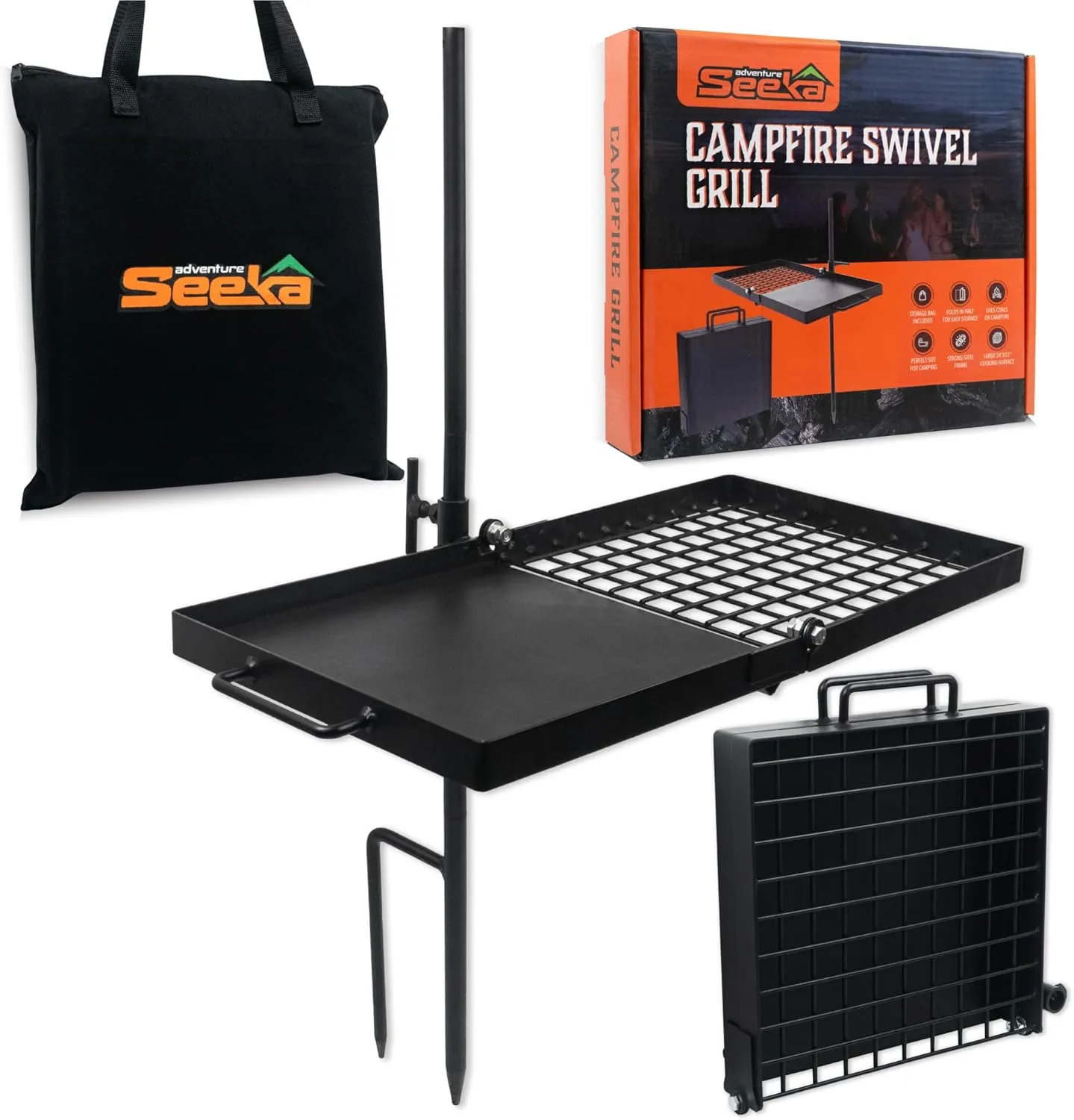 24" Heavy Duty Folding Campfire Grill, Compact Swivel Grill Design, Grate & Griddle for Campfire Cooking, Australian Owned