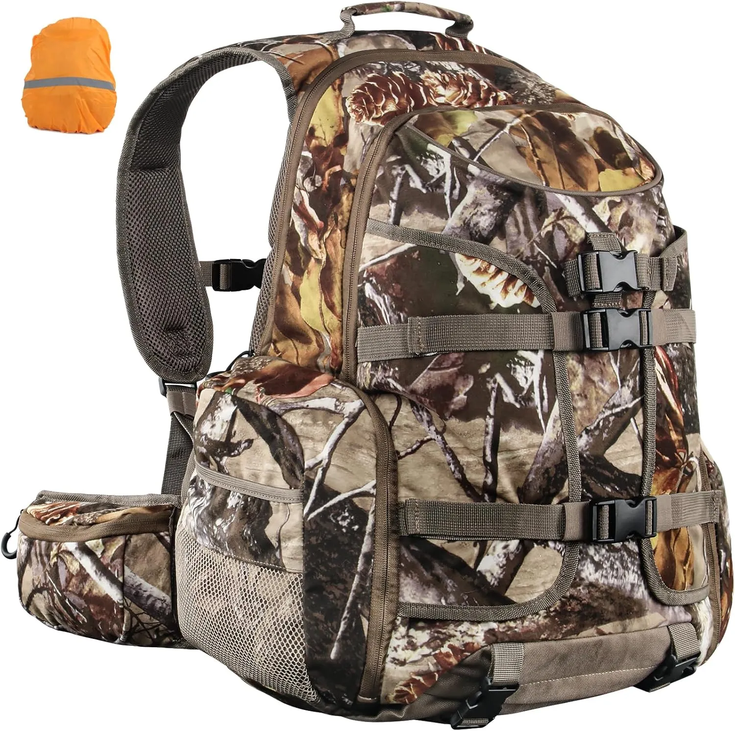 25L Hunting Backpack with Waterproof Rain Cover, Large Capacity Day Pack with Holder, Men/Women Deer Hunting Gear Hunting Accessories (Camo Pine-Cones)