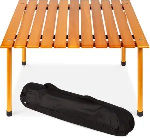 27" Portable Camping Table, Roll-up Square Picnic Table for Outdoor Activities, Natural Fir Wood Top, Folding Table w/Carrying Bag, for Camping, Picnic, Hiking, Fishing, BBQ