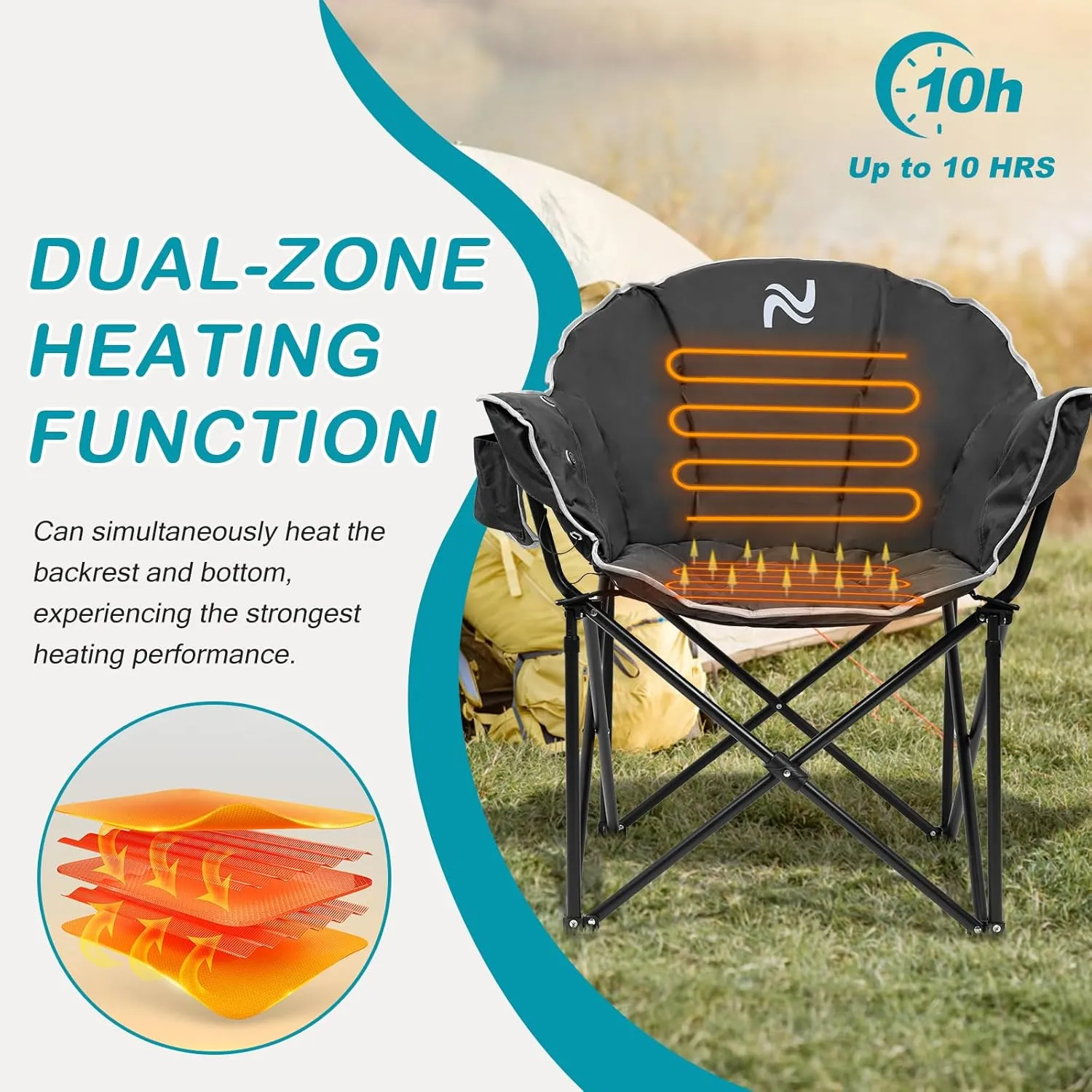 2Pack Oversized Heated Camping Chair, Heated Folding Lounge Chair for Outdoor Sports, Portable Padded Camping Chair with 3 Heat Levels for Lawn, Patio, Beach, and Picnics, Black