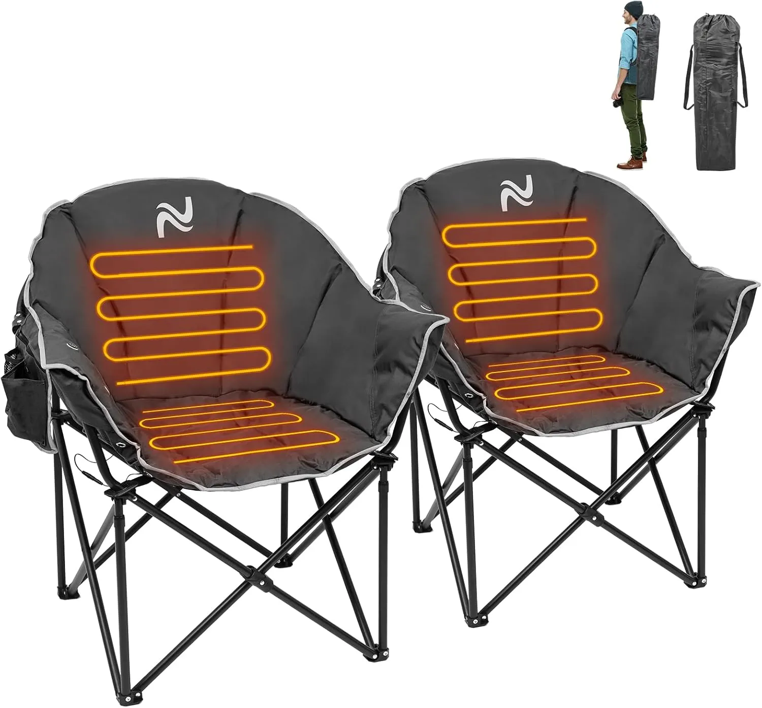 2Pack Oversized Heated Camping Chair, Heated Folding Lounge Chair for Outdoor Sports, Portable Padded Camping Chair with 3 Heat Levels for Lawn, Patio, Beach, and Picnics, Black