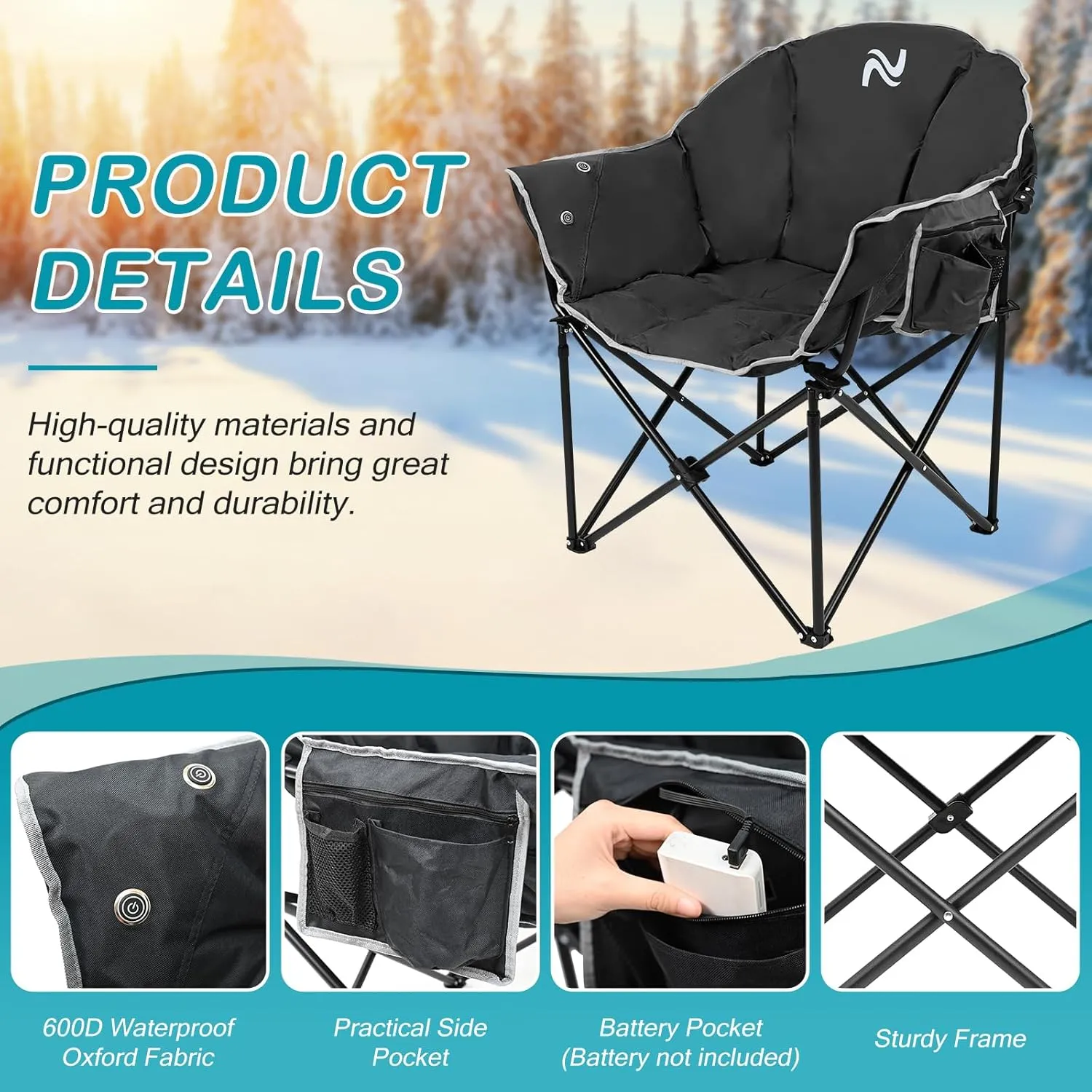 2Pack Oversized Heated Camping Chair, Heated Folding Lounge Chair for Outdoor Sports, Portable Padded Camping Chair with 3 Heat Levels for Lawn, Patio, Beach, and Picnics, Black