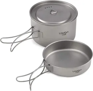 2pcs Camping Cookware Set Titanium Pot Pan Cooking Set with Foldable Handles Mesh Carry Bag