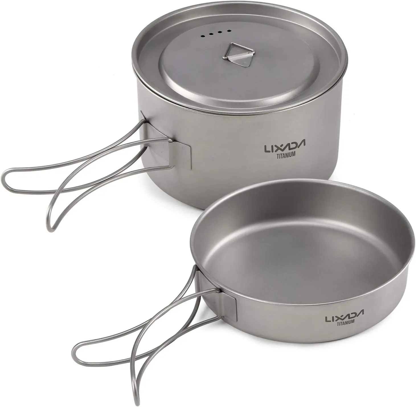 2pcs Camping Cookware Set Titanium Pot Pan Cooking Set with Foldable Handles Mesh Carry Bag