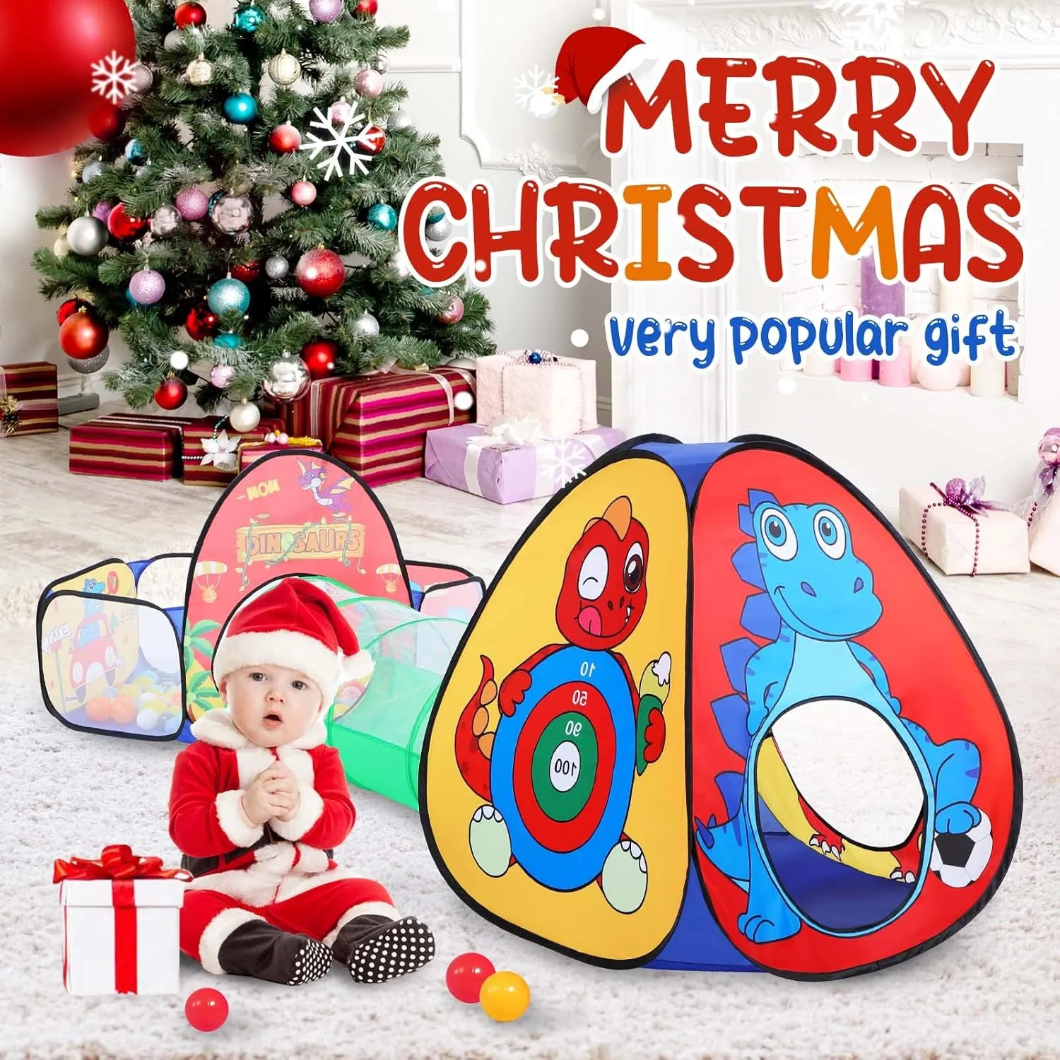 3 in 1 Dinosaur Kids Play Tent for Toddler with Baby Ball Pit and Play Tunnel, Children Indoor Outdoor Dinosaur Playhouse with Crawling Tunnel, Birthday Chiristmas Gifts Toys
