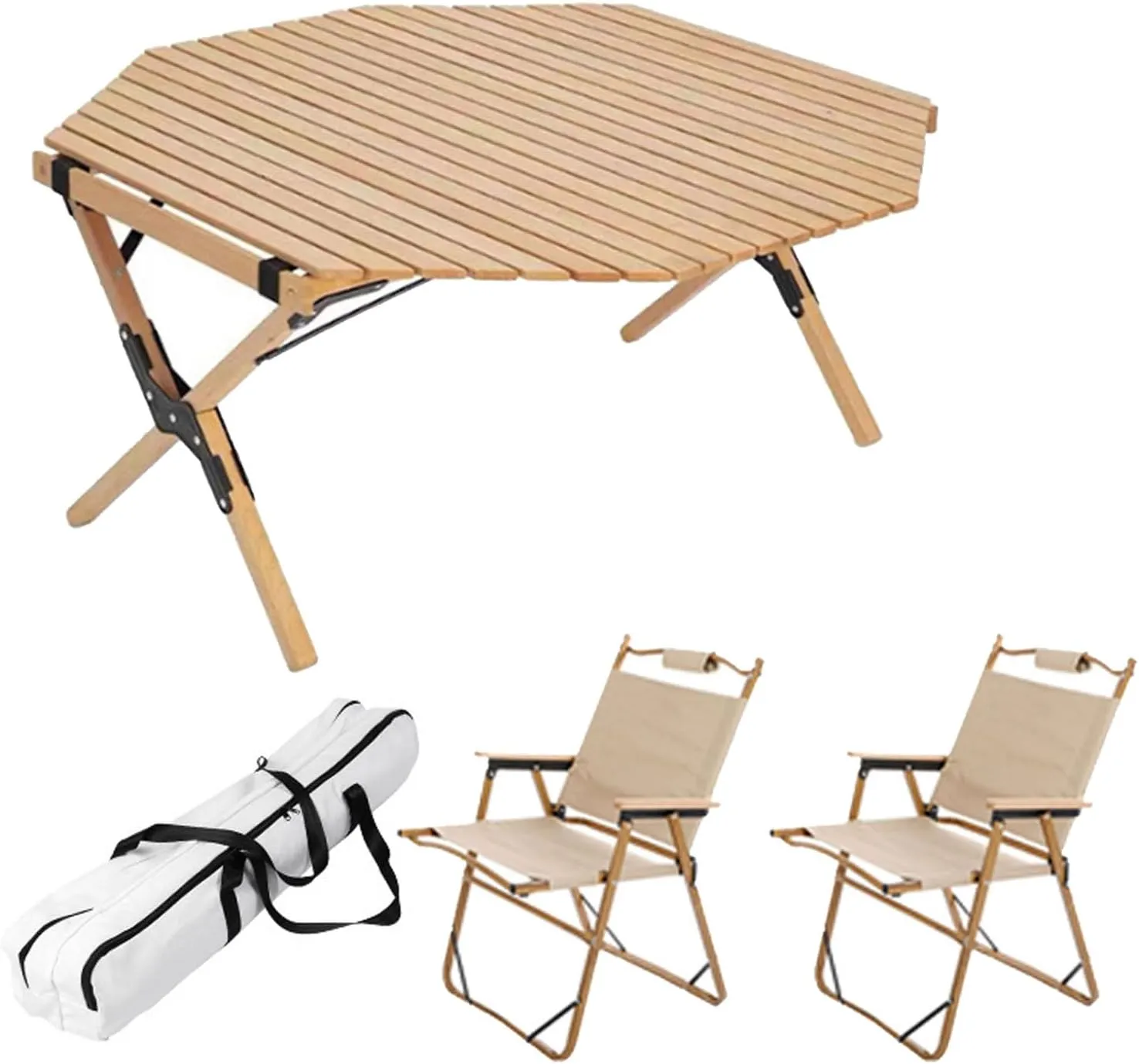 3 Pcs Camping Folding Table and Chairs Set, Portable Beech Table for Indoor Outdoor Picnic Foldable Chairs with Easy Carrying Bag