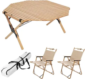 3 Pcs Camping Folding Table and Chairs Set, Portable Beech Table for Indoor Outdoor Picnic Foldable Chairs with Easy Carrying Bag