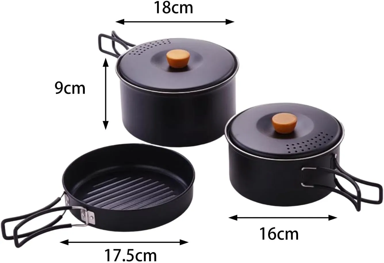 3-Piece Cooking Set for Camping with Stainless Steel Pots and Pans and Foldable Handles