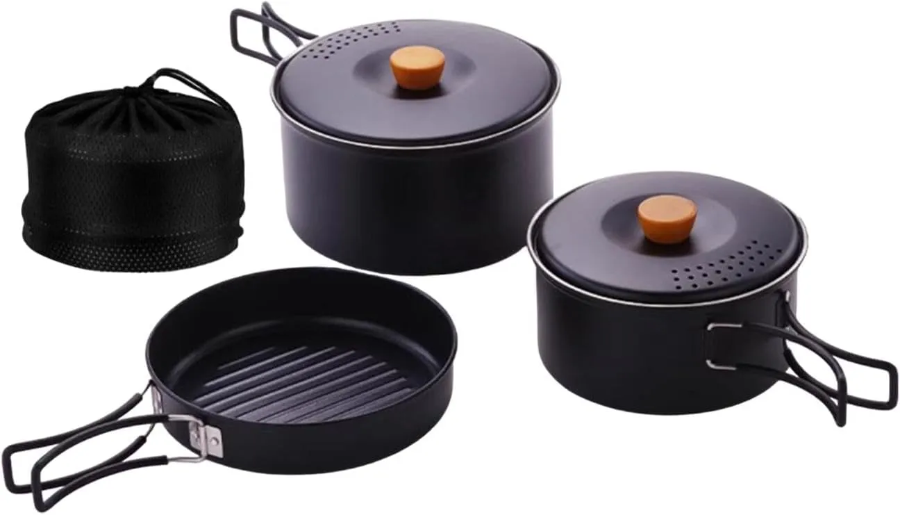 3-Piece Cooking Set for Camping with Stainless Steel Pots and Pans and Foldable Handles