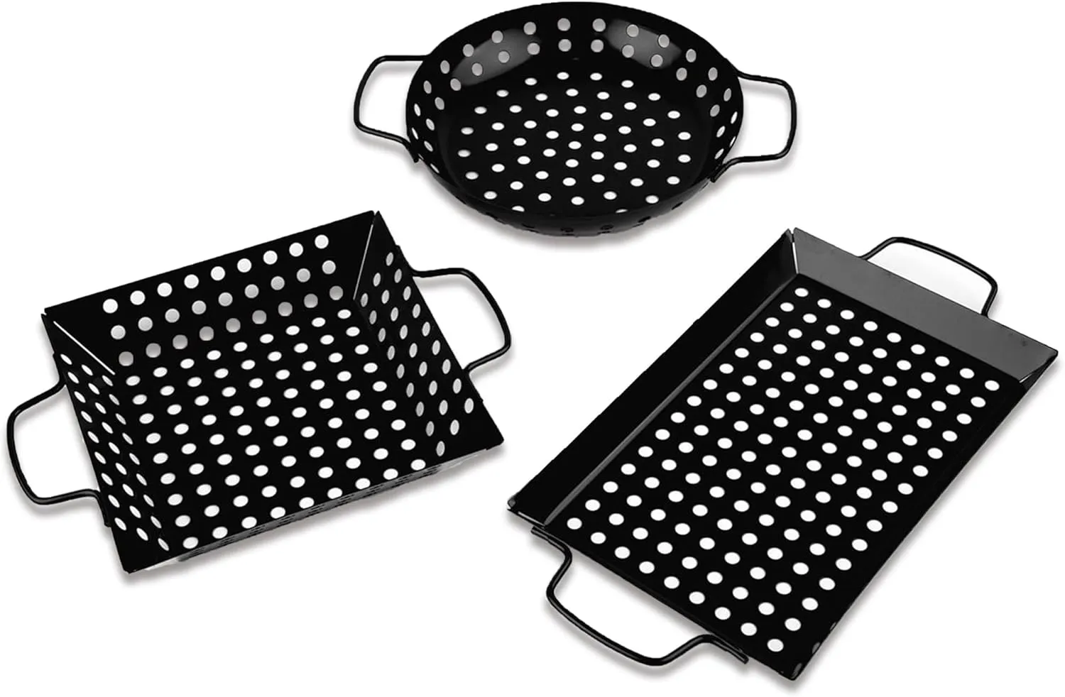 3-Piece Grill Baskets Set, Small & Medium Non-stick BBQ Pan Set with Handles, Outdoor Grilling Accessory for Veggies & Meats, Camping Cookware for Grills & Smokers, Perfect Holiday Gift for Men