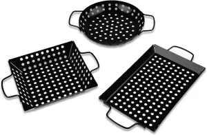 3-Piece Grill Baskets Set, Small & Medium Non-stick BBQ Pan Set with Handles, Outdoor Grilling Accessory for Veggies & Meats, Camping Cookware for Grills & Smokers, Perfect Holiday Gift for Men