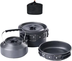 3 Pieces Camping Cooking Set with Storage Bag Folding Handle Pot Pan Kettle Camping Cookware Mess Kit Cookset for Family BBQ