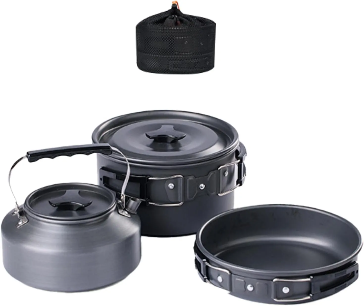 3 Pieces Camping Cooking Set with Storage Bag Folding Handle Pot Pan Kettle Camping Cookware Mess Kit Cookset for Family BBQ