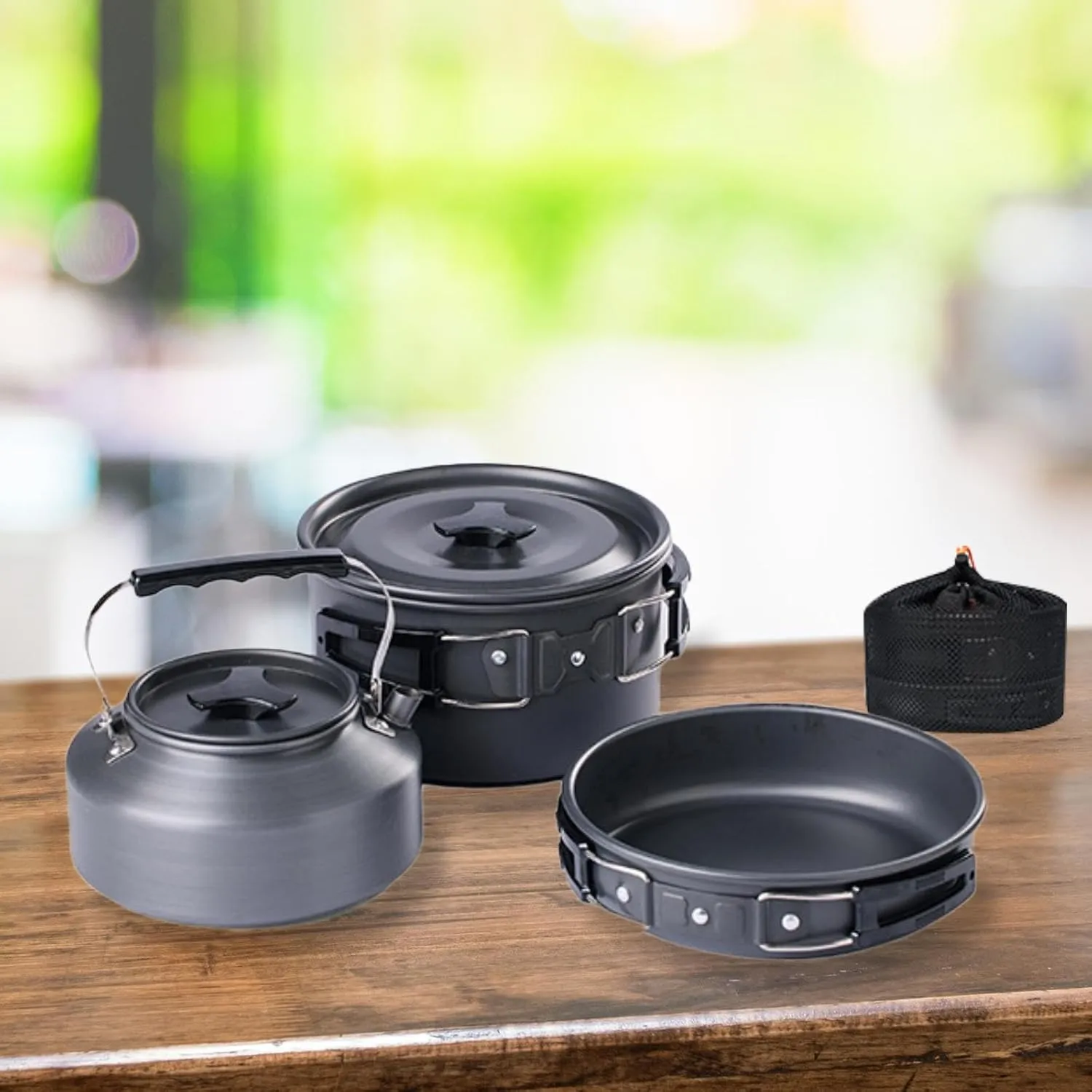 3 Pieces Camping Cooking Set with Storage Bag Folding Handle Pot Pan Kettle Camping Cookware Mess Kit Cookset for Family BBQ