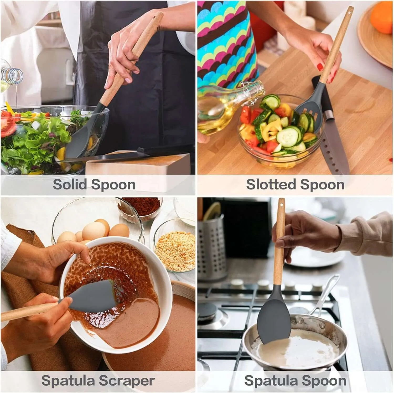 30 PCS Silicone Cooking Utensils Set with Organizer, Silicone Kitchen Essential Utensil Set with Wooden Handle, Kitchen Cookware Gadgets Tools, Kitchen Cooking Tool Heat Resistant, Gray