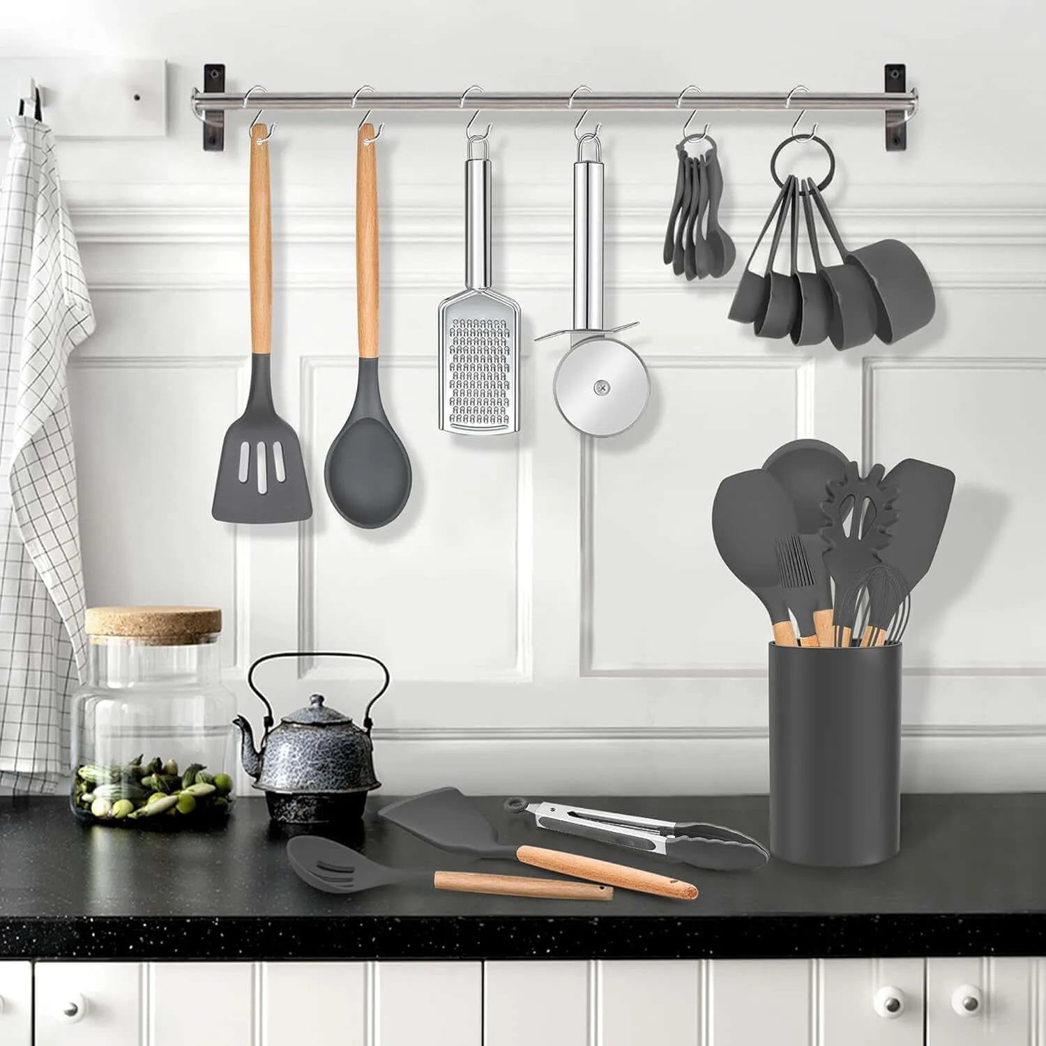 30 PCS Silicone Cooking Utensils Set with Organizer, Silicone Kitchen Essential Utensil Set with Wooden Handle, Kitchen Cookware Gadgets Tools, Kitchen Cooking Tool Heat Resistant, Gray