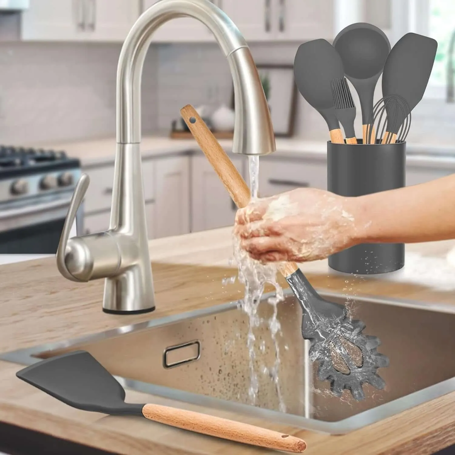 30 PCS Silicone Cooking Utensils Set with Organizer, Silicone Kitchen Essential Utensil Set with Wooden Handle, Kitchen Cookware Gadgets Tools, Kitchen Cooking Tool Heat Resistant, Gray