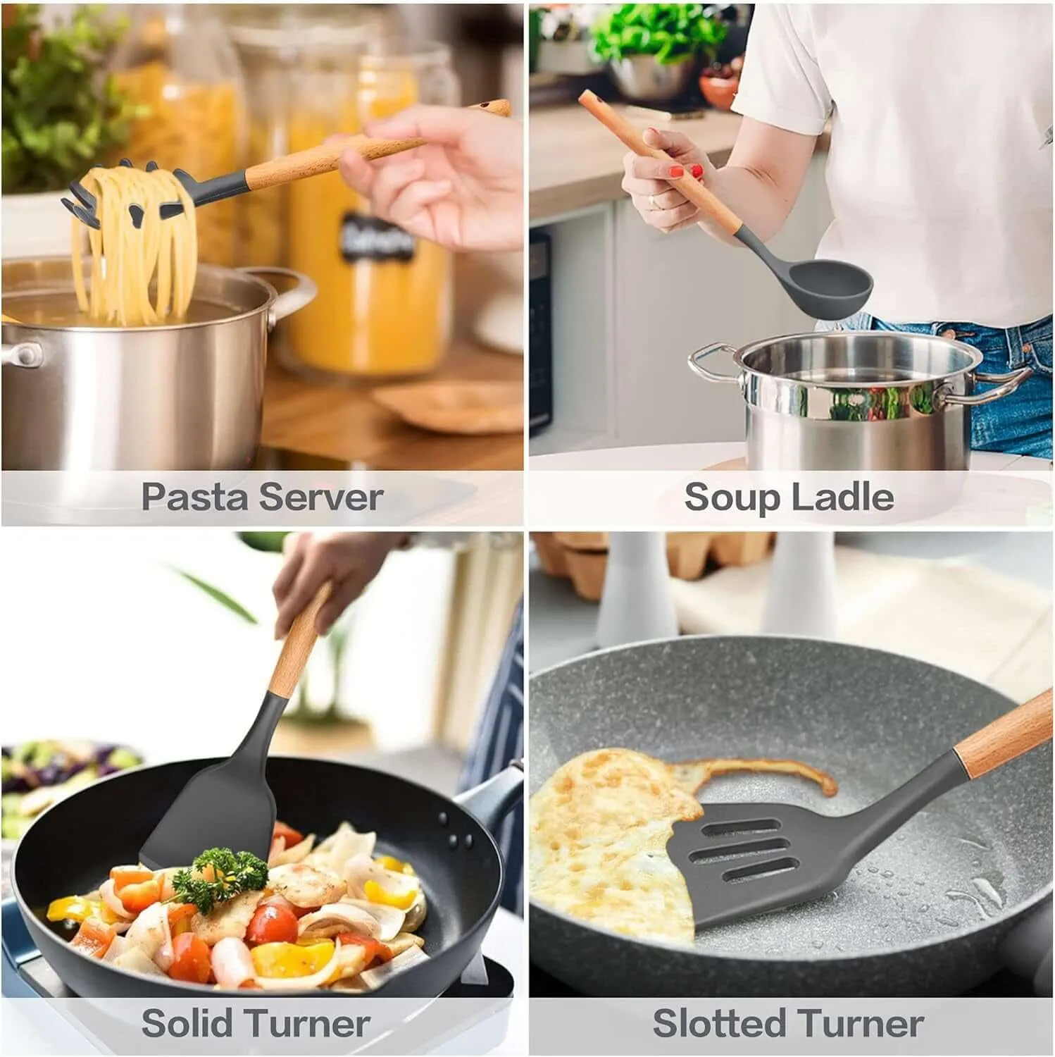 30 PCS Silicone Cooking Utensils Set with Organizer, Silicone Kitchen Essential Utensil Set with Wooden Handle, Kitchen Cookware Gadgets Tools, Kitchen Cooking Tool Heat Resistant, Gray