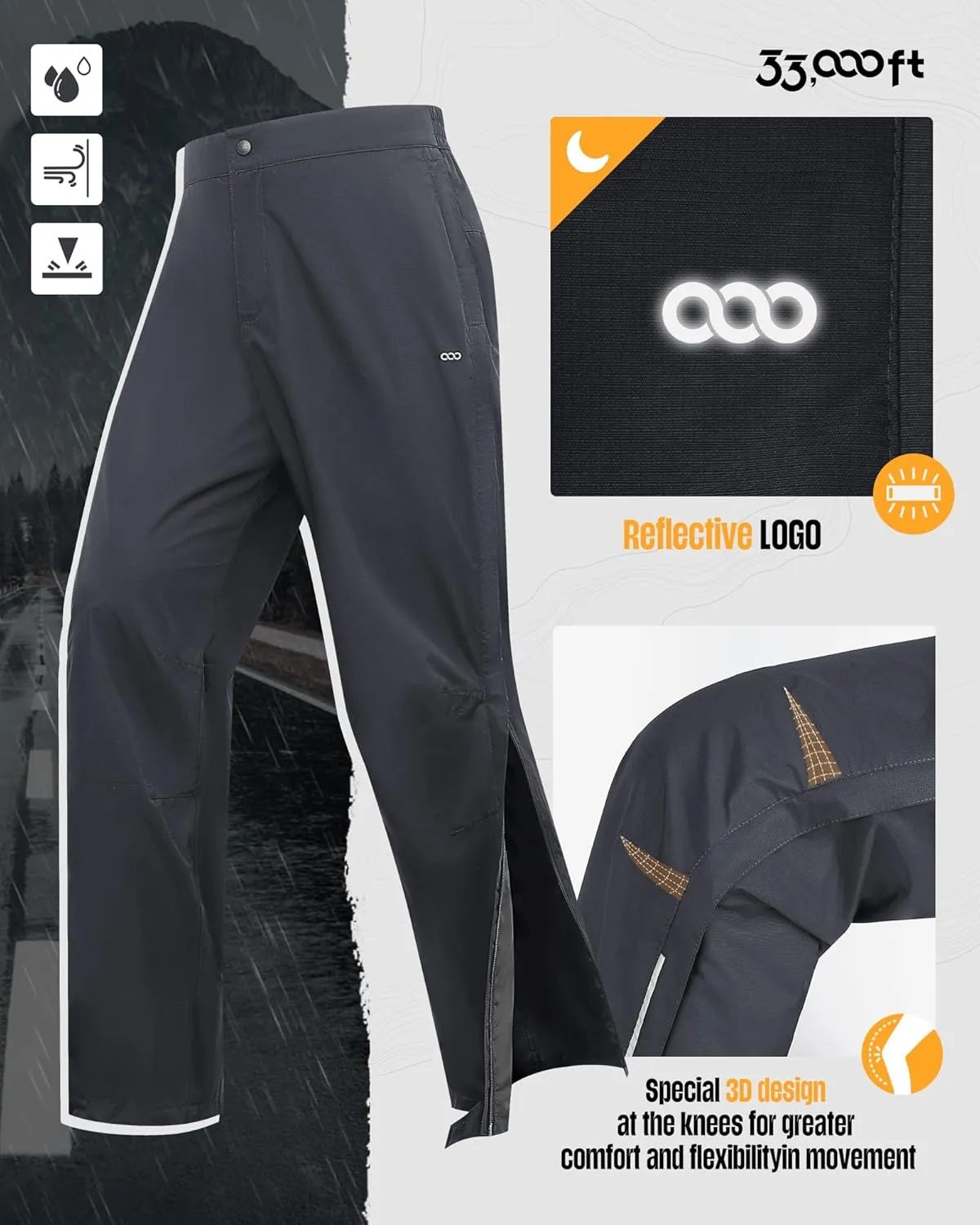 33,000ft Women's Full Zip Rain Pants Lightweight Rain Over Pants Windproof Outdoor Pants for Hiking Fishing Golf