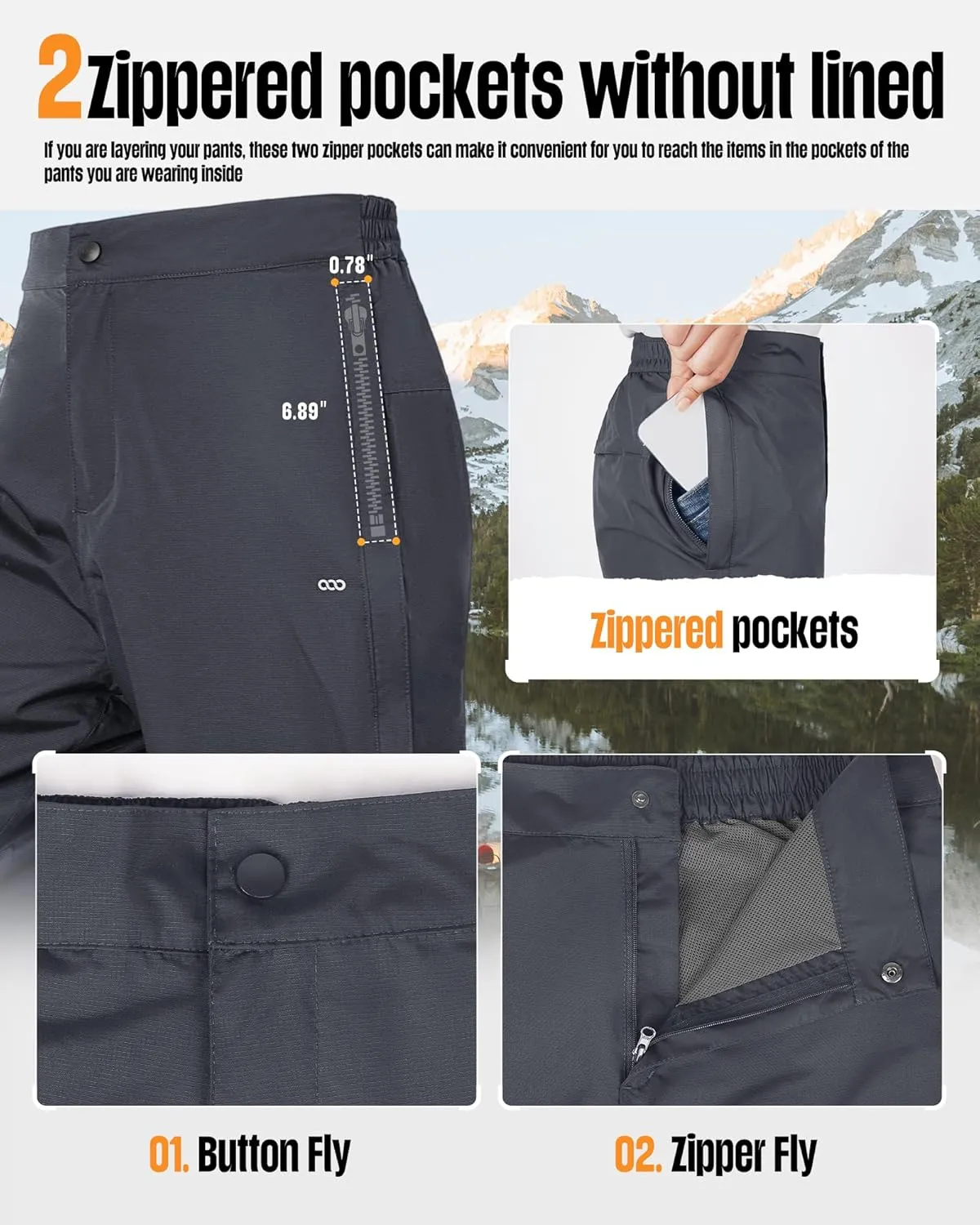 33,000ft Women's Full Zip Rain Pants Lightweight Rain Over Pants Windproof Outdoor Pants for Hiking Fishing Golf