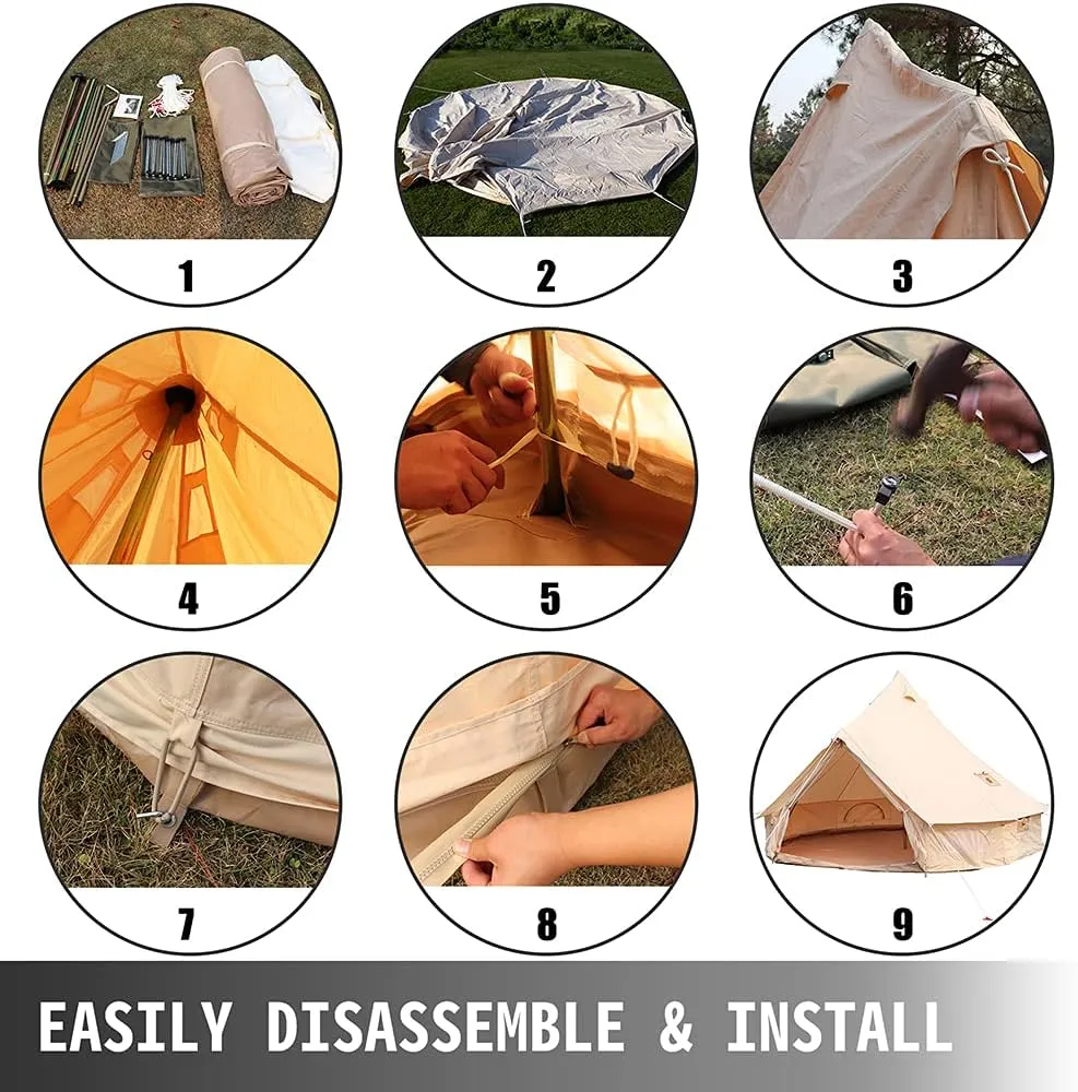 3m/4m Yurt Tent with Stove Hole Camping Family Tent Cotton Canvas Bell Tent Large Space Pyramid Tent for Outdoor Party Hunting Picnic