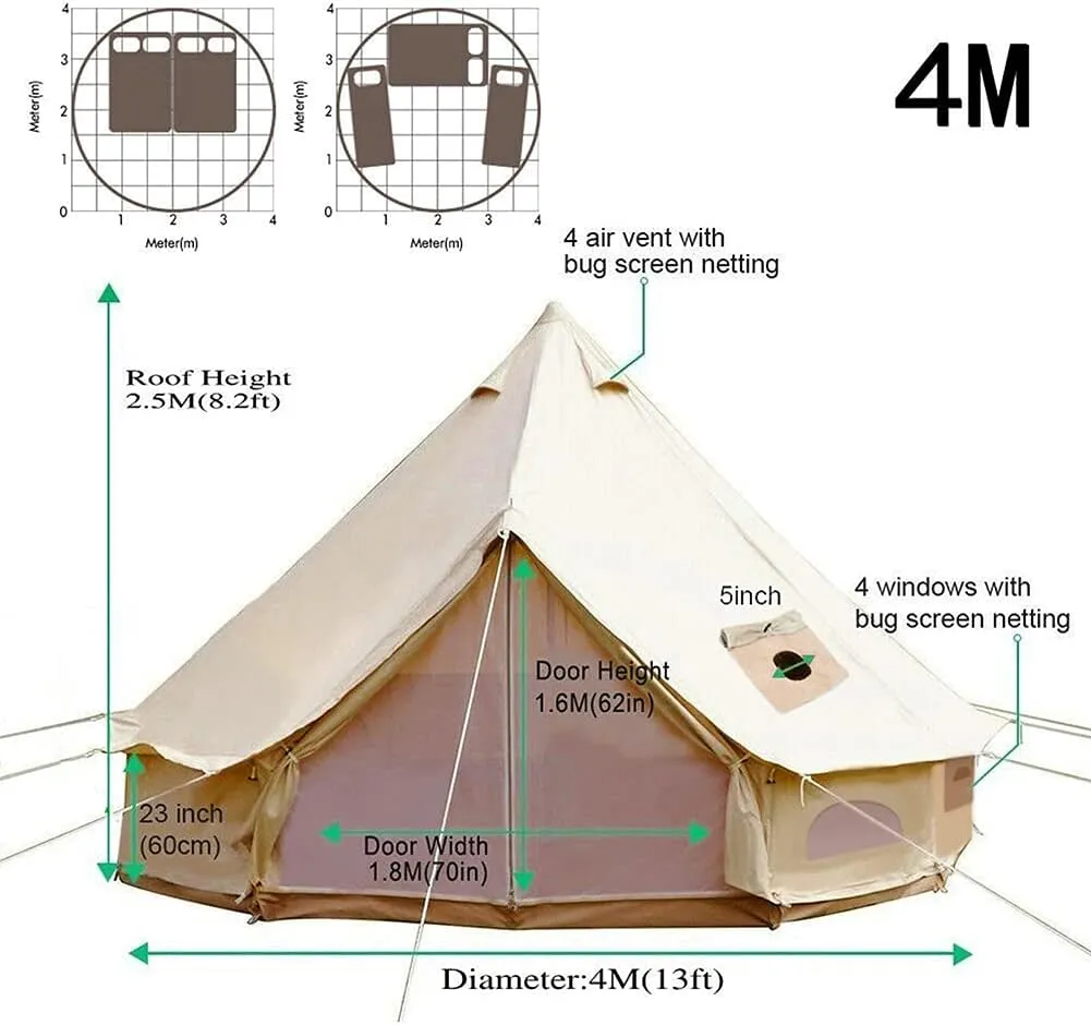 3m/4m Yurt Tent with Stove Hole Camping Family Tent Cotton Canvas Bell Tent Large Space Pyramid Tent for Outdoor Party Hunting Picnic