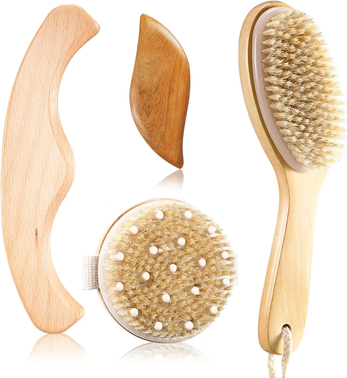 4 Pcs Dry Brushing Body Brush for Lymphatic Drainage Vegan Dry Brush with Wood Therapy Massage Lymphatic Drainage Tool Gua Sha Anti Cellulite Body Sculpting Sensitive Skin Exfoliation…