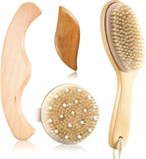 4 Pcs Dry Brushing Body Brush for Lymphatic Drainage Vegan Dry Brush with Wood Therapy Massage Lymphatic Drainage Tool Gua Sha Anti Cellulite Body Sculpting Sensitive Skin Exfoliation…