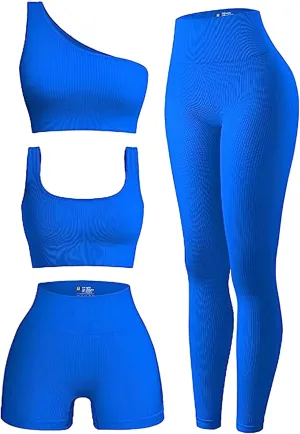 4 Piece Workout Sets For Women Ribbed Leggings Clothes Yoga Sets Active Wear Matching Work Out Sets Gym Pilates Outfits